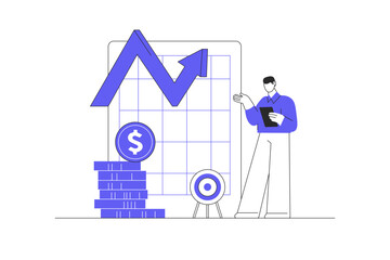 Investment and Analysis. Money Cash Profits. Man Character employee making Investing Plans. Flat Cartoon Vector Illustration, icon Stylish abstract design landing page web