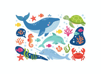 Fototapeta premium A seamless pattern featuring sea and ocean animals against a blue background, including narwhal, turtle, and dolphin, designed for endless repeatable printing as a colored flat cartoon vector