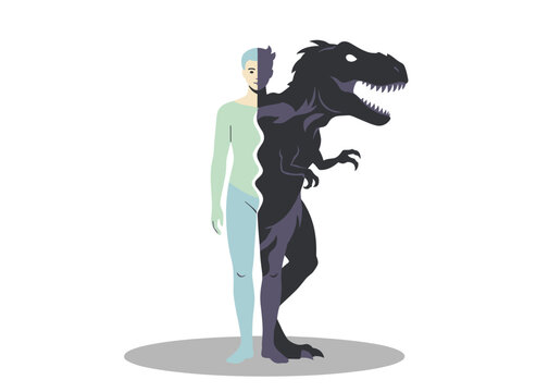 A flat vector illustration of a cartoon naked man posing, half of his body in shadow, symbolizing the duality of a male&rsquo;s dark personality on a white background, representing psychological issues and