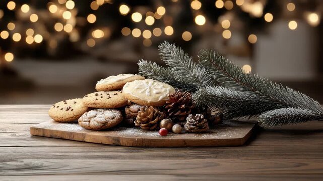 Festive cookie cookies on wooden board with pinecone fir branch powdered sugar cozy bokeh lights
