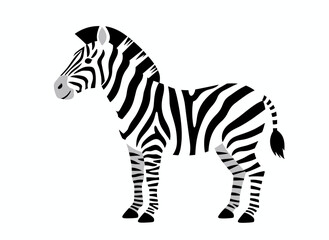 Naklejka premium A zebra stands alone against a white backdrop, depicted as a striking wild herbivore with a striped coat, exuding grace as an exotic African species in a vibrant flat cartoon illustration