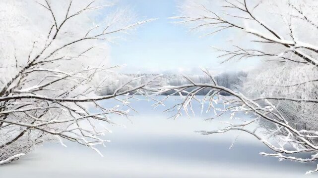 Snow covered branches over frozen lake and snowy field with distant winter forest serenity