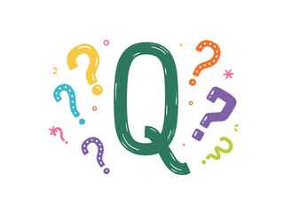 A hand‑drawn flat vector illustration of the capital letter Q, styled in a childlike English alphabet with question marks, designed for kindergarten and preschool education, set on a white background