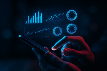 Hand using smartphone with holographic digital analytics graphs and data charts symbolizing business intelligence and performance analysis