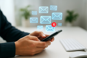 Mobile email technology with electronic mail icons and new message notification representing digital communication service