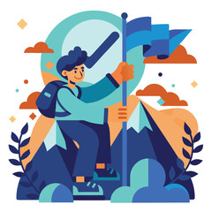 Obraz premium Successful Mountaineer Reaching Peak With Flag, Achievement Concept