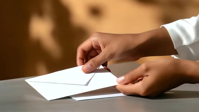 Soft-focus shot of hands sealing an envelope with donation receipts, warm neutral background symbolizing order and responsibility, with copy space.