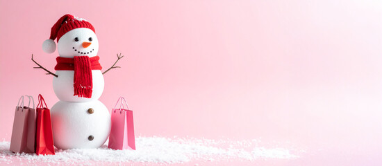 3D Snowman Holding Shopping Bags on Light Pink Background with Snow - Winter Sales Concept with Copy Space