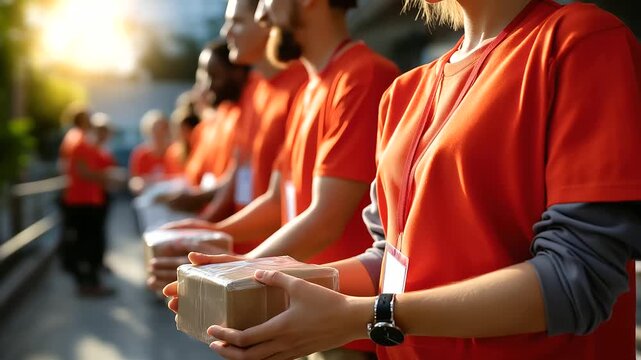 Defocused image of volunteers in matching shirts forming a line to pass packages, glowing natural light enhancing spirit of cooperation, with copy space