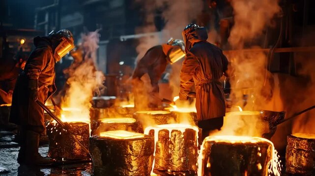 Medium shot of workers handpouring molten iron into molds capturing the careful skilled process of traditional ingot casting with glowing metal and safety gear.