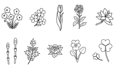 春の草花を集めたモノクロ線画イラストセット