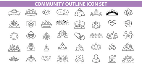 Community Outline Icon Set – People, Social Connection and Teamwork Symbols