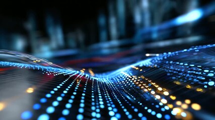 Defocused close-up of digital graphs and binary lines, futuristic corporate data flow, with copy space. - Powered by Adobe