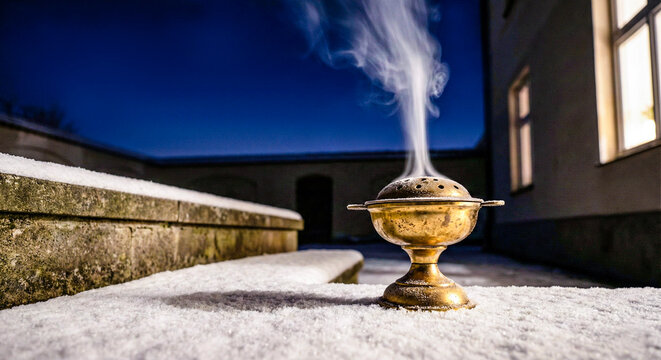 Vintage ceremonial vessel crafted from aged gold standing alone on snowy stone step in quiet courtyard   - Powered by Adobe