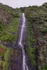 Agua d Alto waterfall along the northern coast of Madeira, cascading from a cliff directly alongside the coastal road