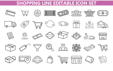 Shopping Line Editable Icon Set – Retail, E‑commerce, Cart and Sale Symbols