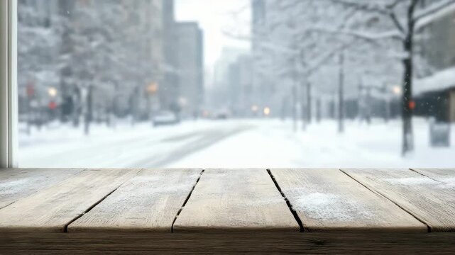 Snowy wooden table by frosted glass window with blurred city street and cozy winter light