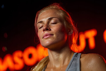 Close-up portrait of a sweaty woman in a white tank top leaning against a red-lit mesh wall, with dramatic lighting and intense mood after workout or physical exertion.

