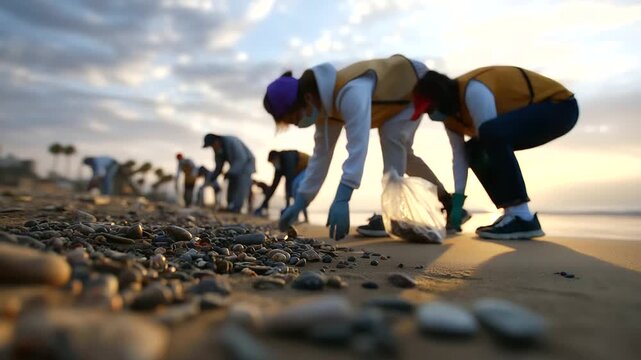 Defocused shot of volunteers bending down to pick litter from a beach, silhouettes outlined by soft morning light, with copy space.