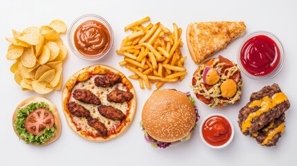 Variety of fast food meals such as pizza, burgers, fries, and chicken on white background for culinary blogs, fast food marketing, and food photography