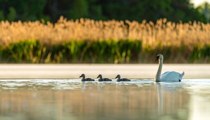 Swans and cygnets on a lake