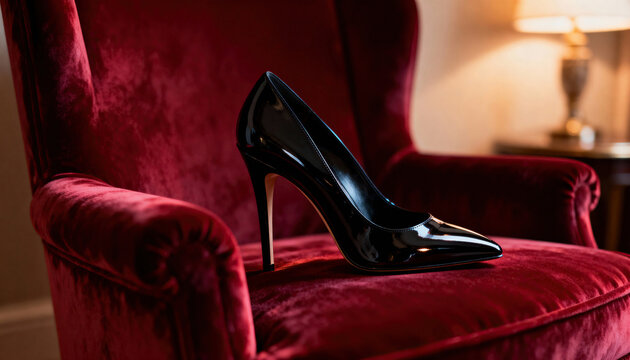 Black high heel shoe sits on a plush red velvet armchair in a warm interior with soft bedside lamp light and shallow depth of field, showcasing glossy patent leather, raised stiletto heel and intimate