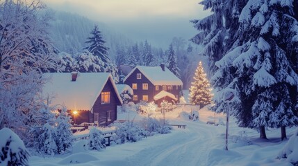 Snowy Christmas village with decorated houses and frosted trees, warm peaceful mood, postcard aesthetic for seasonal marketing and greeting visuals