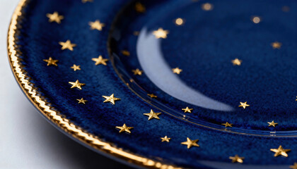 Blue ceramic plate with delicate gold star motifs and a gilded rim photographed in close-up to show texture and reflective finishes. The composition emphasizes decorative tableware and luxurious holid