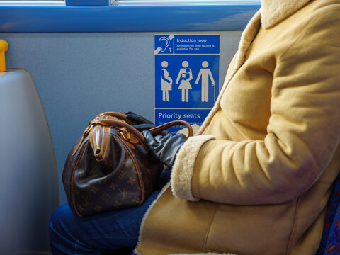 London, England, UK - November 24, 2025: Priority seats sign on a London transport bus