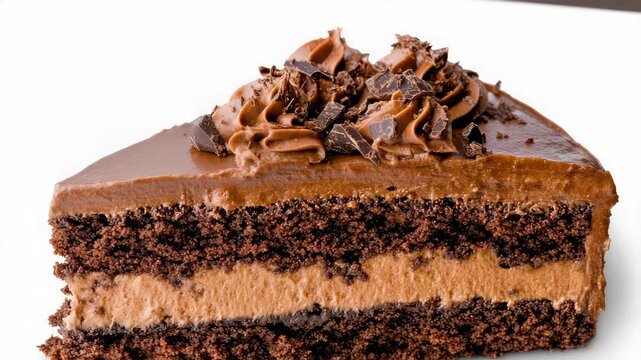 Chocolate cake slice with creamy frosting, mousse and ganache layers, chocolate shavings indulgence