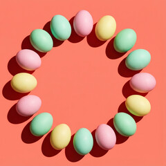Minimalist Pastel Easter Eggs Flat Lay Circle with Copy Space on Coral Background
