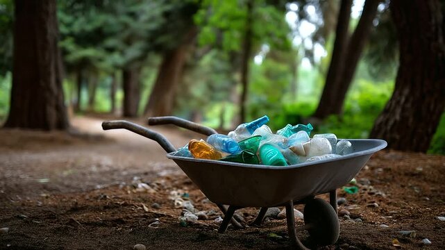 Soft-focus shot of a wheelbarrow filled with collected plastic waste, natural tones and defocused background of trees, with copy space.