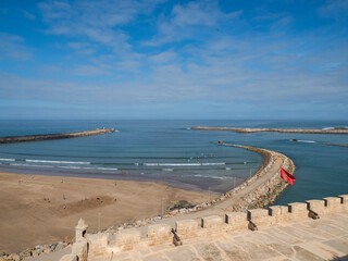 Rabat beach view from the Kasbah of the Udayas fortress in Rabat in Morocco. Location at the mouth of the Bou Regreg river