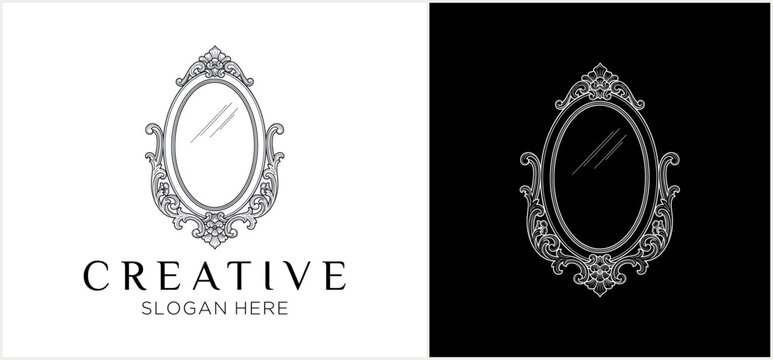 Ornate oval mirror logo design with decorative frame presented on both white and black backgrounds.