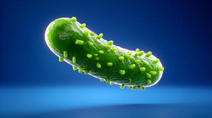 Green bacteria floating in dark blue background with small structures attached. Scientific focus creates awareness of microbial life. Concept of biology, health, education