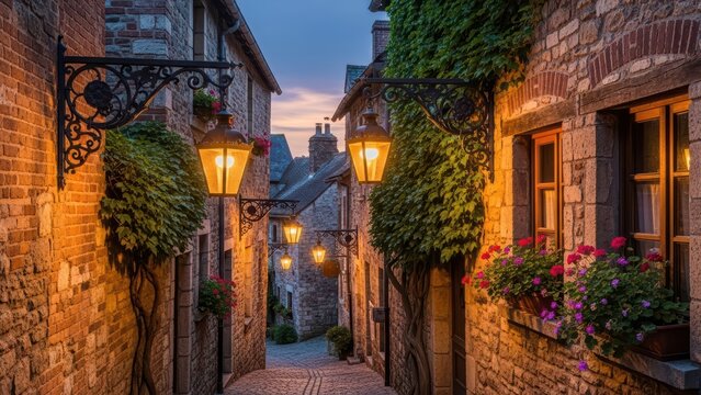 Charming european village alley at dusk with vintage lanterns and stone architecture - Powered by Adobe