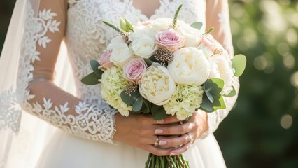 Caucasian female bride holding elegant pastel wedding bouquet in sunlit garden setting