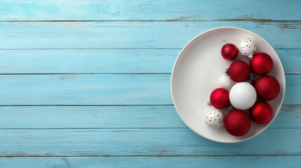 Bright and modern Christmas flat lay with red and white baubles on blue wooden background, ideal for contemporary holiday designs, banners, or digital greetings