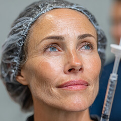 Woman wearing head cap looks up while holding a syringe during a medical procedure at a clinic