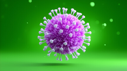Obraz premium 3D rendering shows purple virus model in detail with spikes. Green background provides contrast highlighting structure. Concept of microbiology, health education, science communication