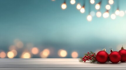 Christmas ornaments and pine branches with blurred lights in background on wooden table, perfect for festive banners, greeting cards, or holiday product photography