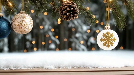 Festive christmas ornament pinecone snow on wooden table with bokeh light and evergreen branch glow - Powered by Adobe