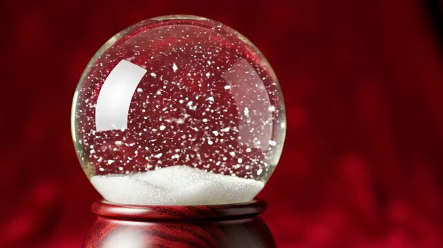 Animated Snow Globe Shaking with Falling Snow Particles on Red Background