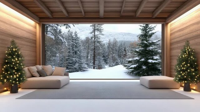 Cozy modern living room with large window framing snowy forest view, panoramic wooden wall
