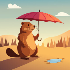 Groundhog Umbrella Illustration &mdash; cute vector groundhogs holding umbrellas in warm outdoor landscapes