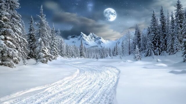 Snowy forest trail under moonlight with mountain pine stars and serene winter night motion