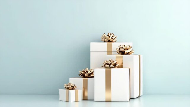 Elegant white gift box stack with gold ribbon and bow pastel background evoking refined celebration