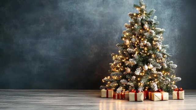 Cozy festive Christmas tree ornament and pine gift present with warm lights evoking holiday cheer