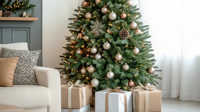 Cozy living room with decorated christmas tree pine ornaments and wrapped gift present warm lights