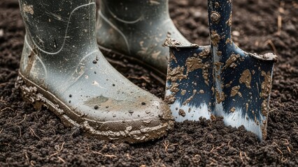 Garden boots and shovel in fresh soil